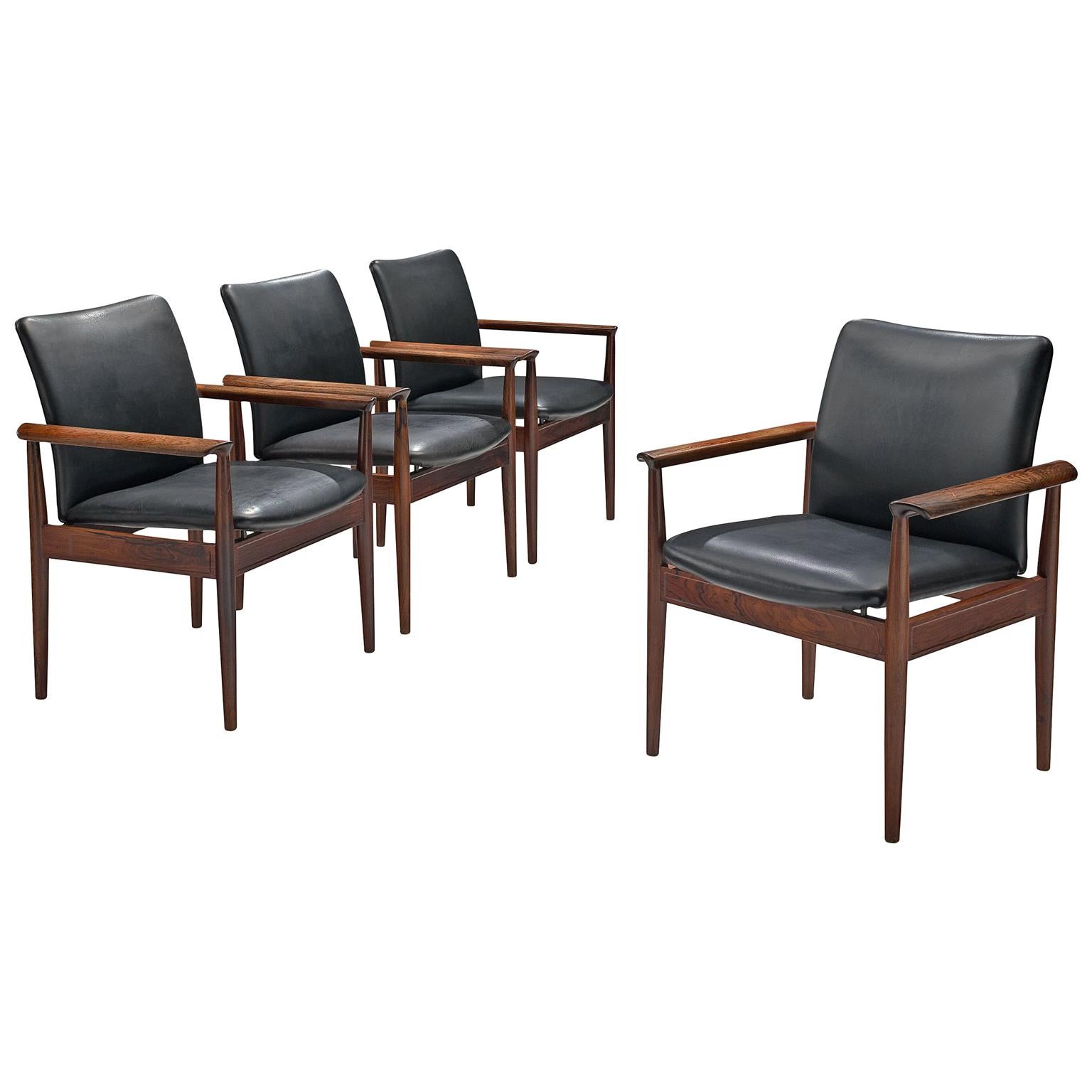 Finn Juhl Set of Diplomat Chairs in Rosewood and Black Leather