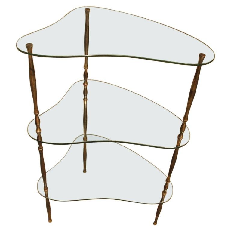Midcentury Glass Shelves and Irregular Shaped Solid Brass Structure Vitro, 1950