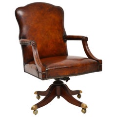 Vintage Leather and Mahogany Swivel Desk Chair