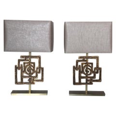 Pair of 1970s Table Lamps with Luciano Frigerio Bronze Panels