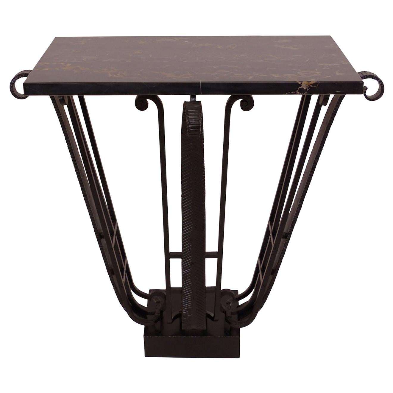 Lyra Shaped Art Deco Console Table Wrought Iron Foot with Portor Marble Top For Sale