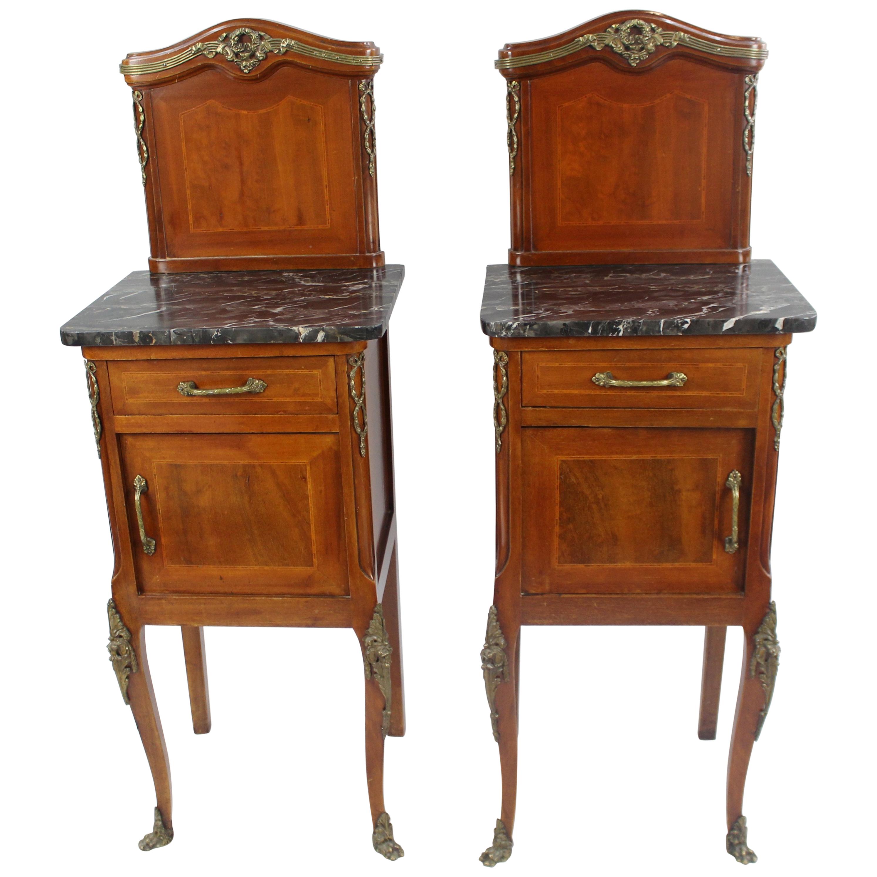 Pair of Victorian Marble-Topped Inlaid Mahogany Cabinets For Sale