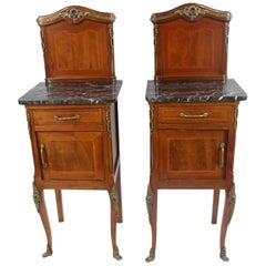 Pair of Victorian Marble-Topped Inlaid Mahogany Cabinets