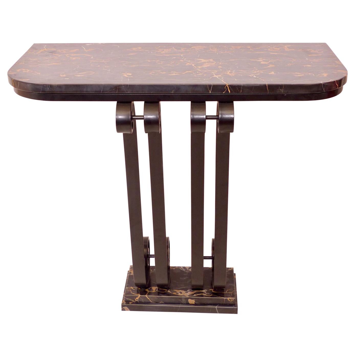 French Art Deco Console Table in Wrought Iron and Portor Marble, 1920s For Sale