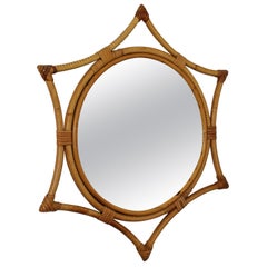 Spanish Mid-Century Modern Bamboo and Wicker Star Shaped Sunburst Mirror