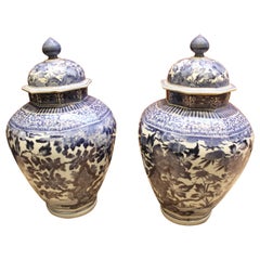 17th Century Pair of Japanese Octagonal Arita Blue and White Vases