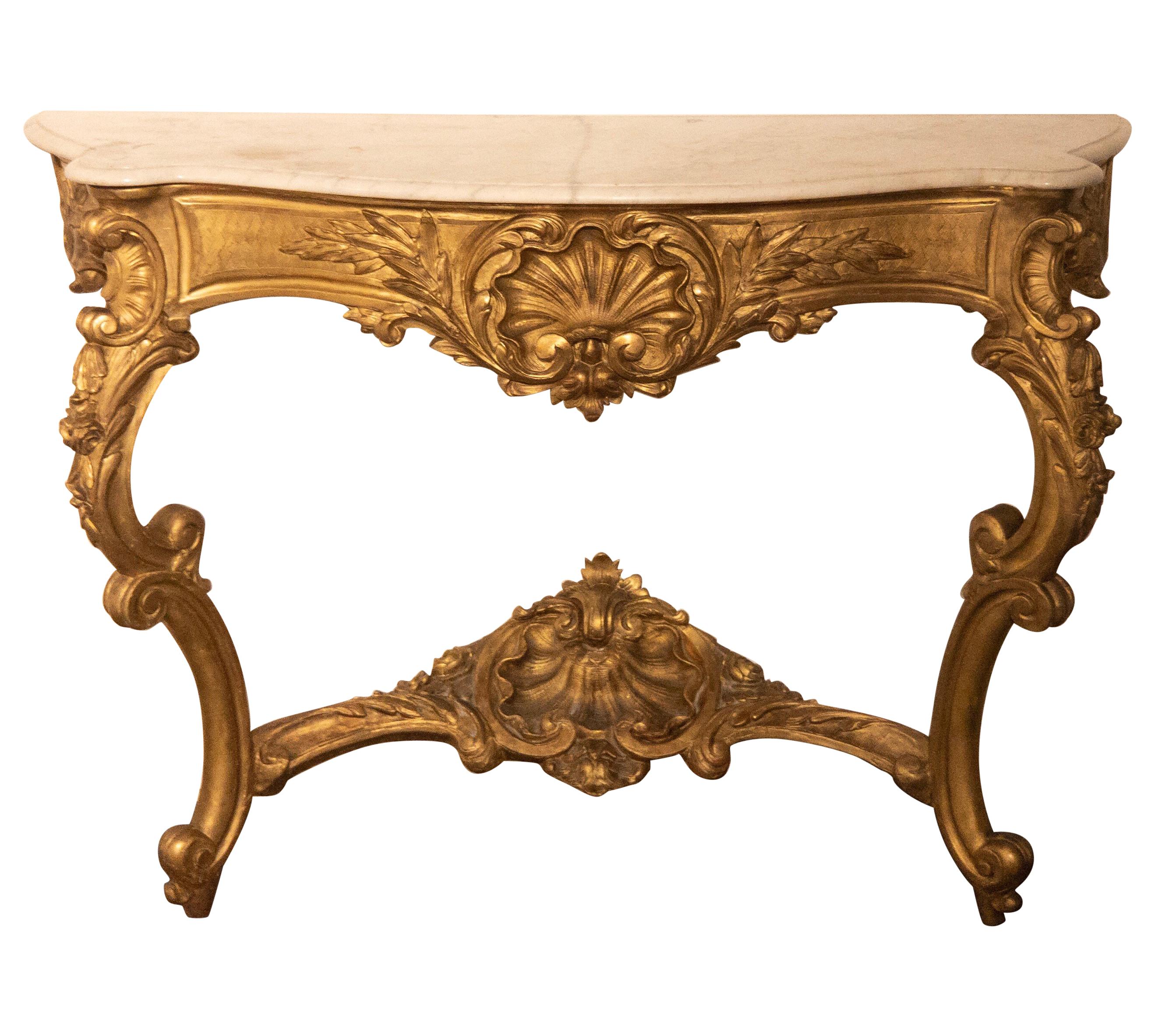 Antique Gilded Baroque Console Table with Carrara Marble-Top from France For Sale