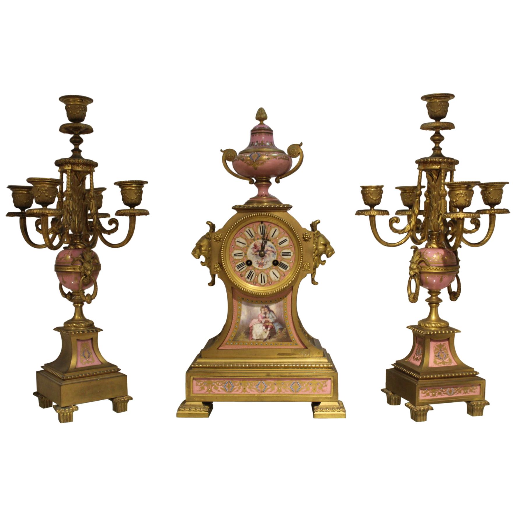 19th Century, Sevre-Style Clock Set, France For Sale