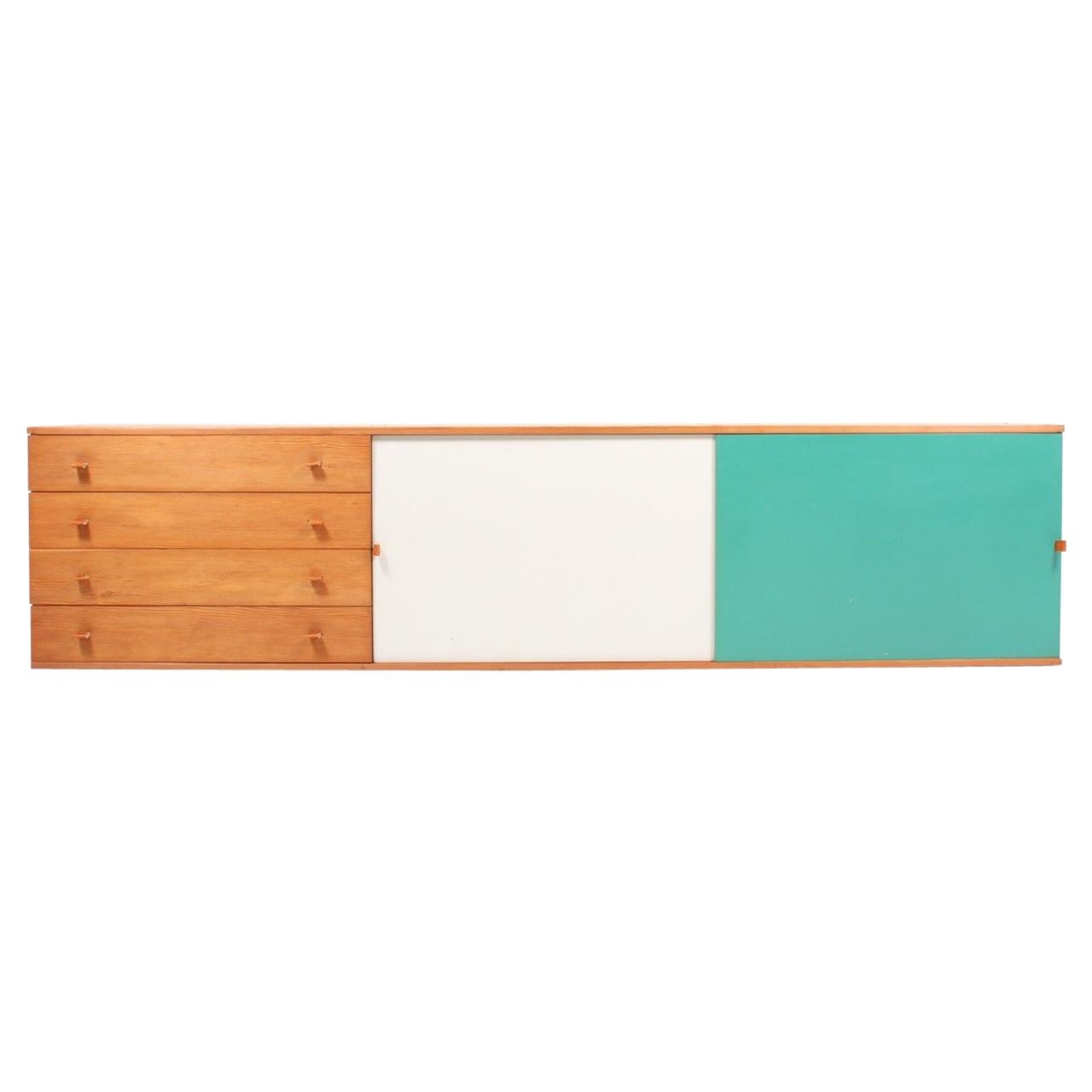 Rare Midcentury Wall-Mounted Sideboard in Oregon Pine with Colored Panels