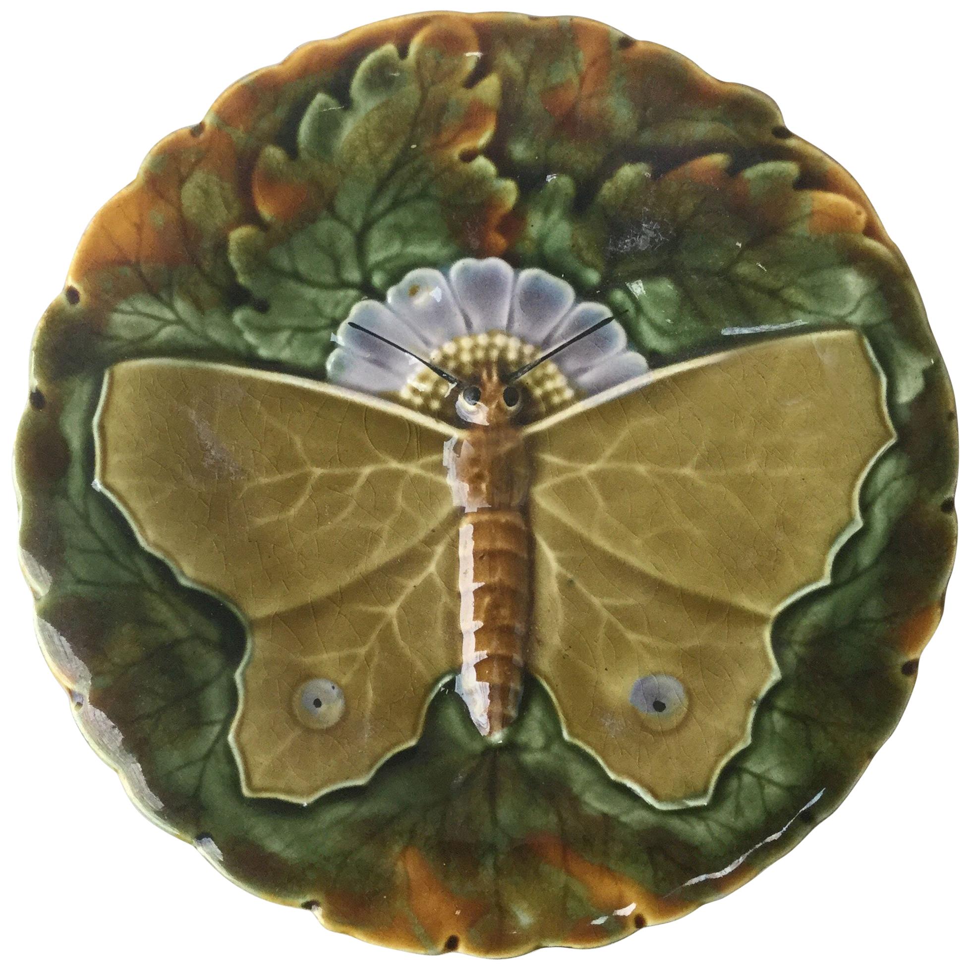 Majolica Green Butterfly Plate Josef Steidl Znaim, circa 1890