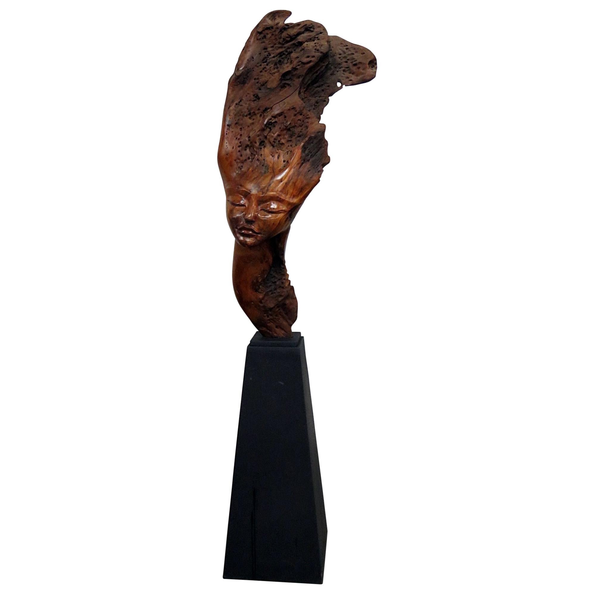 Signed Wooden Sculpture on Stand