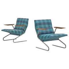 Georges van Rijck 'Cantilever' Armchairs in Blue Checkered Upholstery