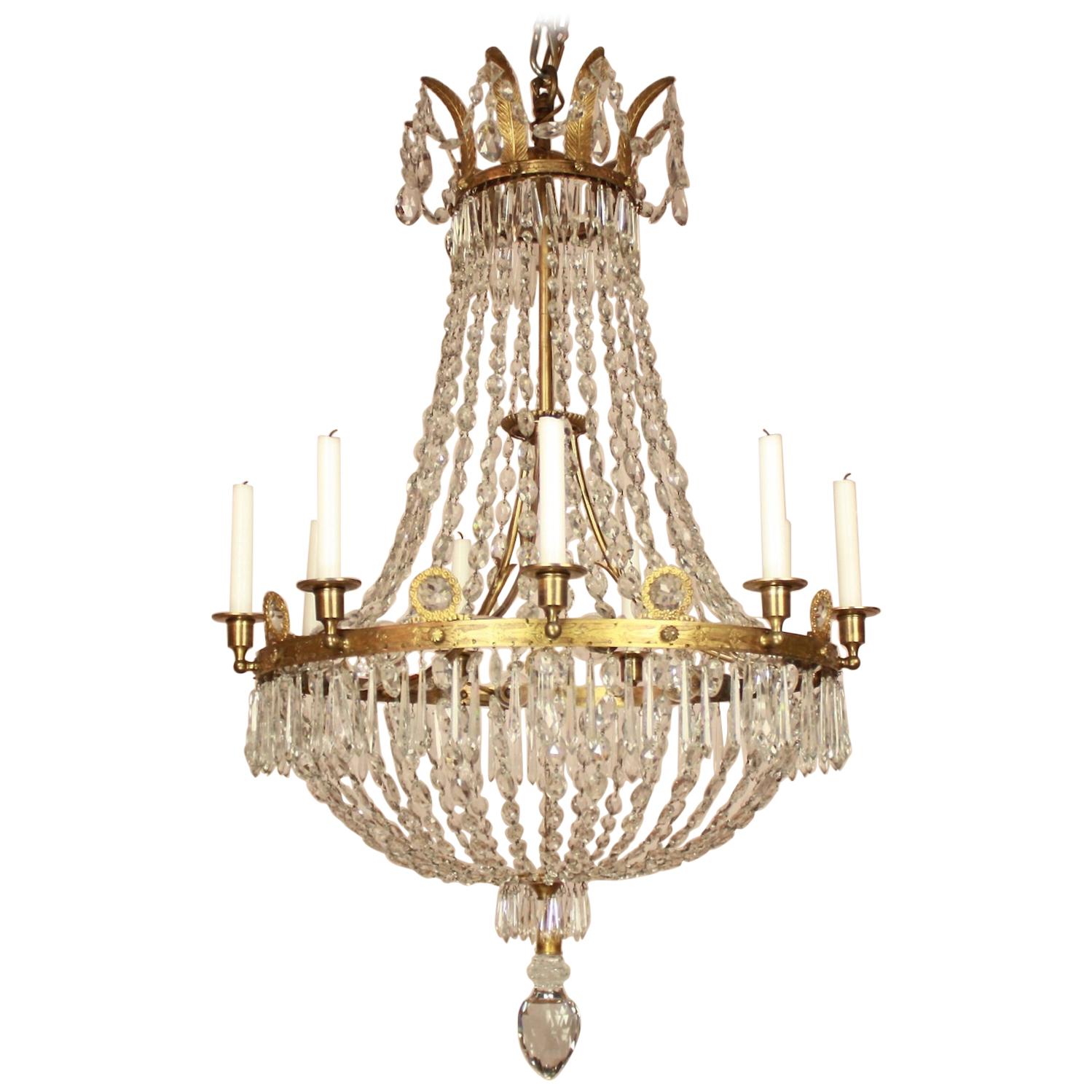 French Early 19th Century Empire Crystal-Cut and Gilt-Bronze Basket Chandelier For Sale