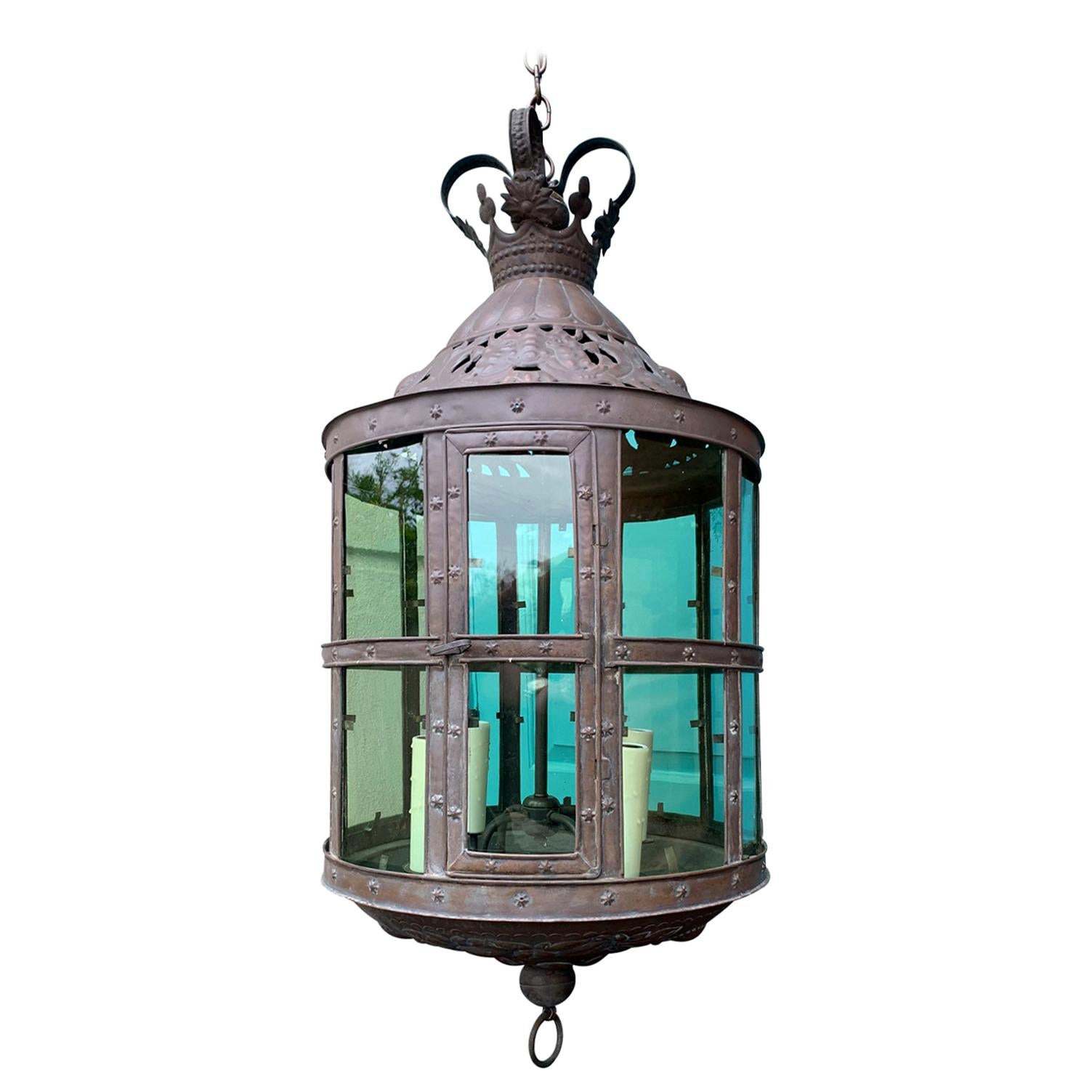 20th Century Jumbo Tole Four-Light Lantern, Green Glass