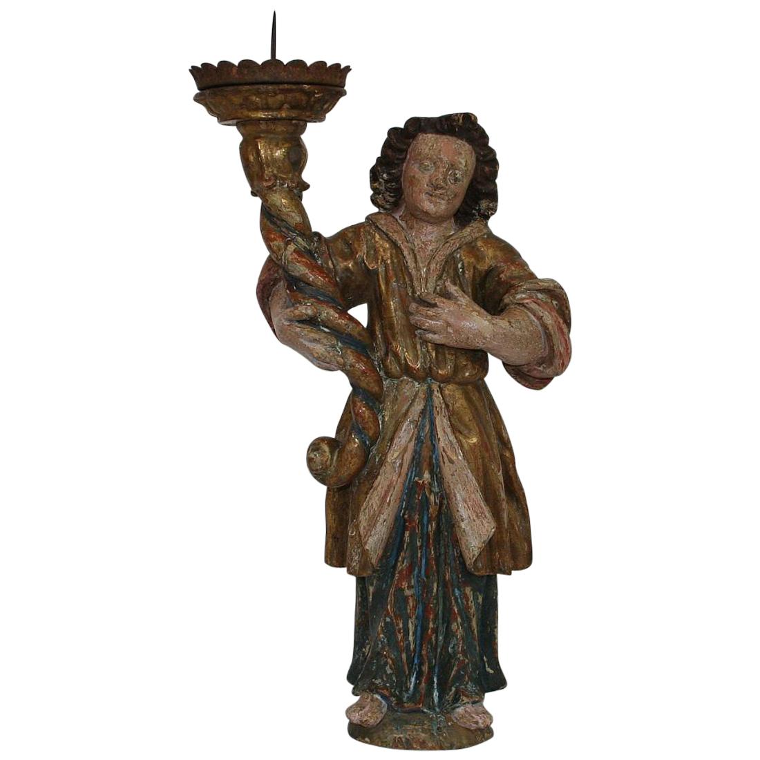 18th Century, Italian Carved Wood Baroque Angel with Candleholder