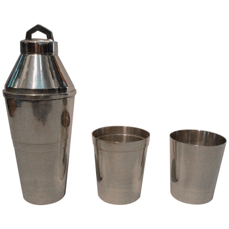 Art Deco Hermes Paris Travel Cocktail Shaker with two goblets, 1930