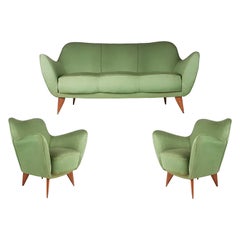 Set of Two Green Fabric and Wood 1950s Perla Armchairs with Sofa by G. Veronesi