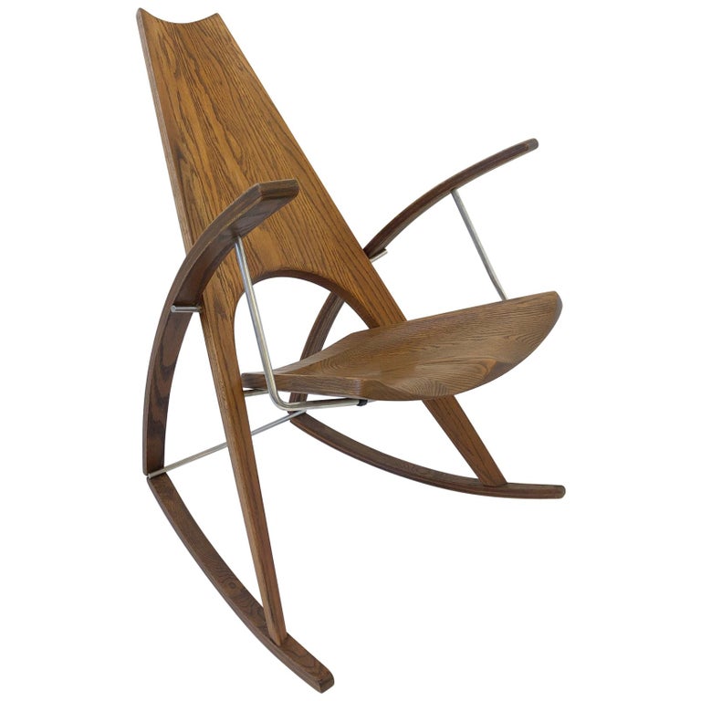 Studio Oak and Stainless Steel Rocking Chair by Leon Mayer For
