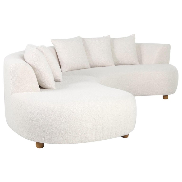 Unique Modular Curved Sofa with Teddy Fur Boucle and Pinewood Legs at