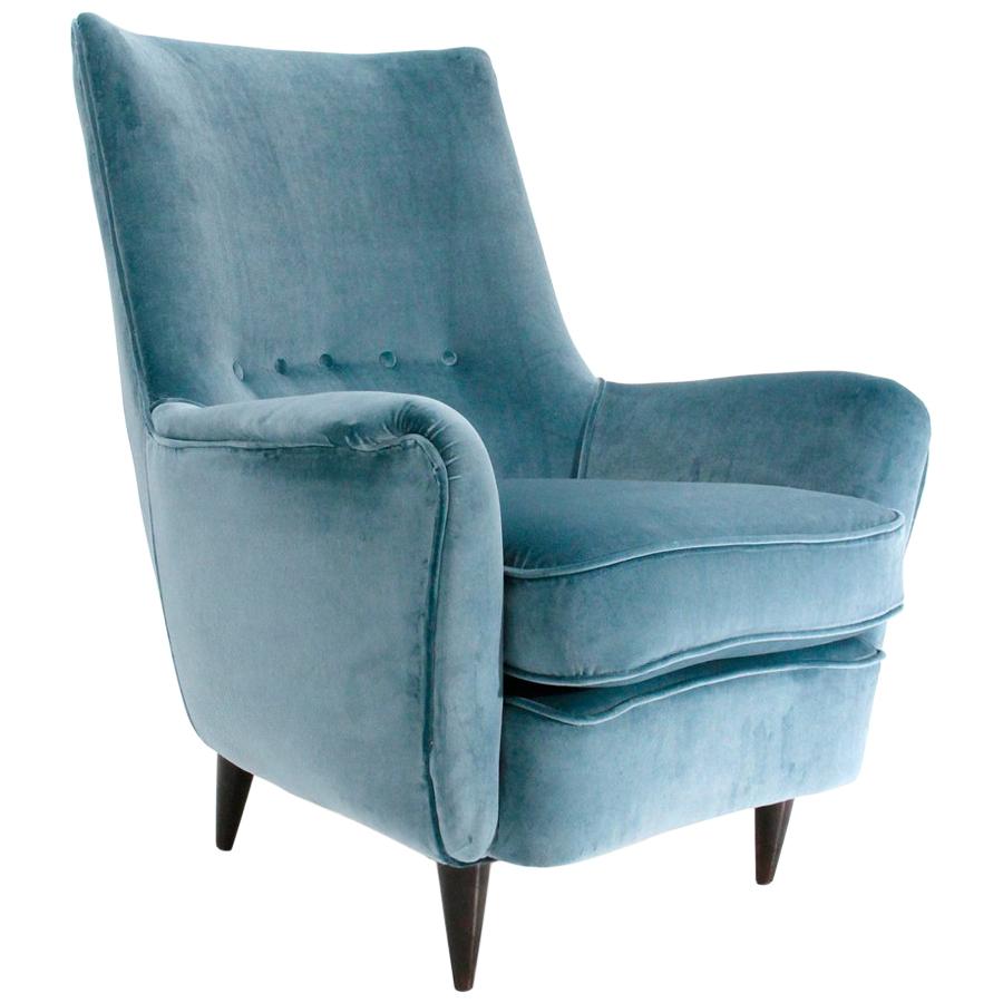 Italian Midcentury Light Blu Velvet Armchair, 1950s