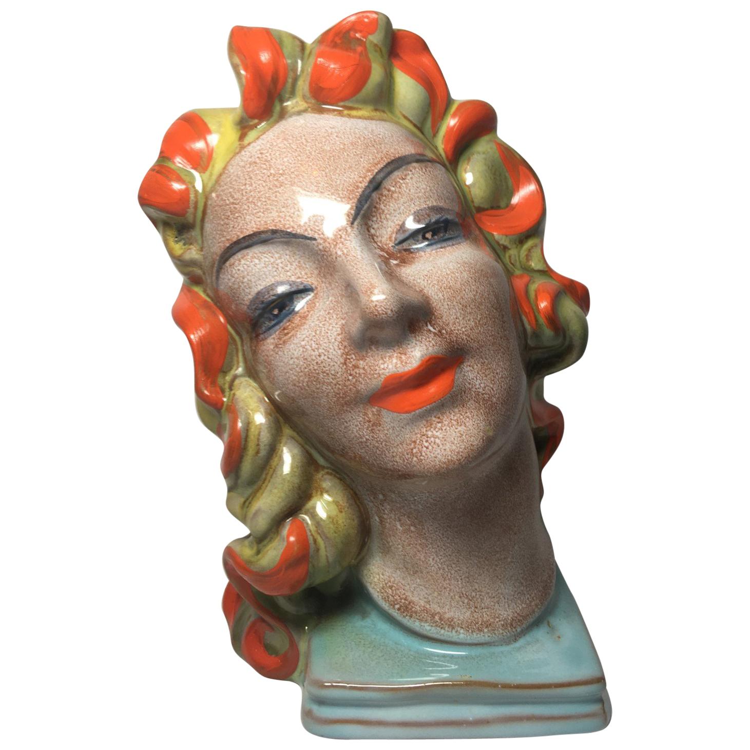 Expressive Art Deco Womans Ceramic Head from the Late 1930s Early 1940s For Sale