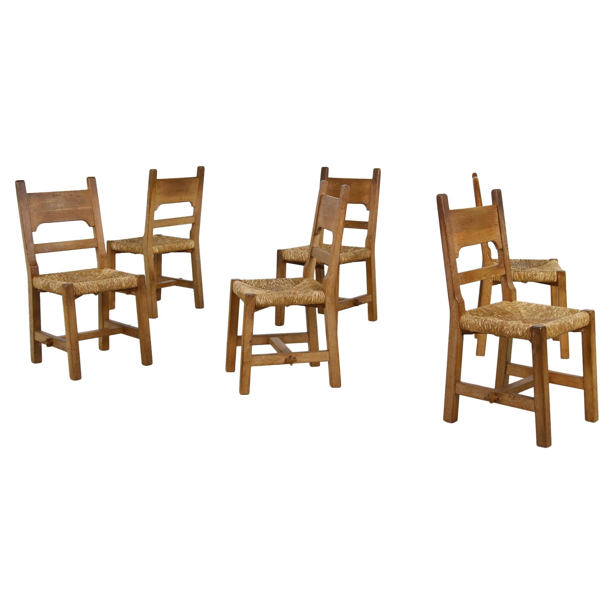 Rustic Set of Six Mid Century Modern Vintage Solid Oak, Rush Chairs, Cane 