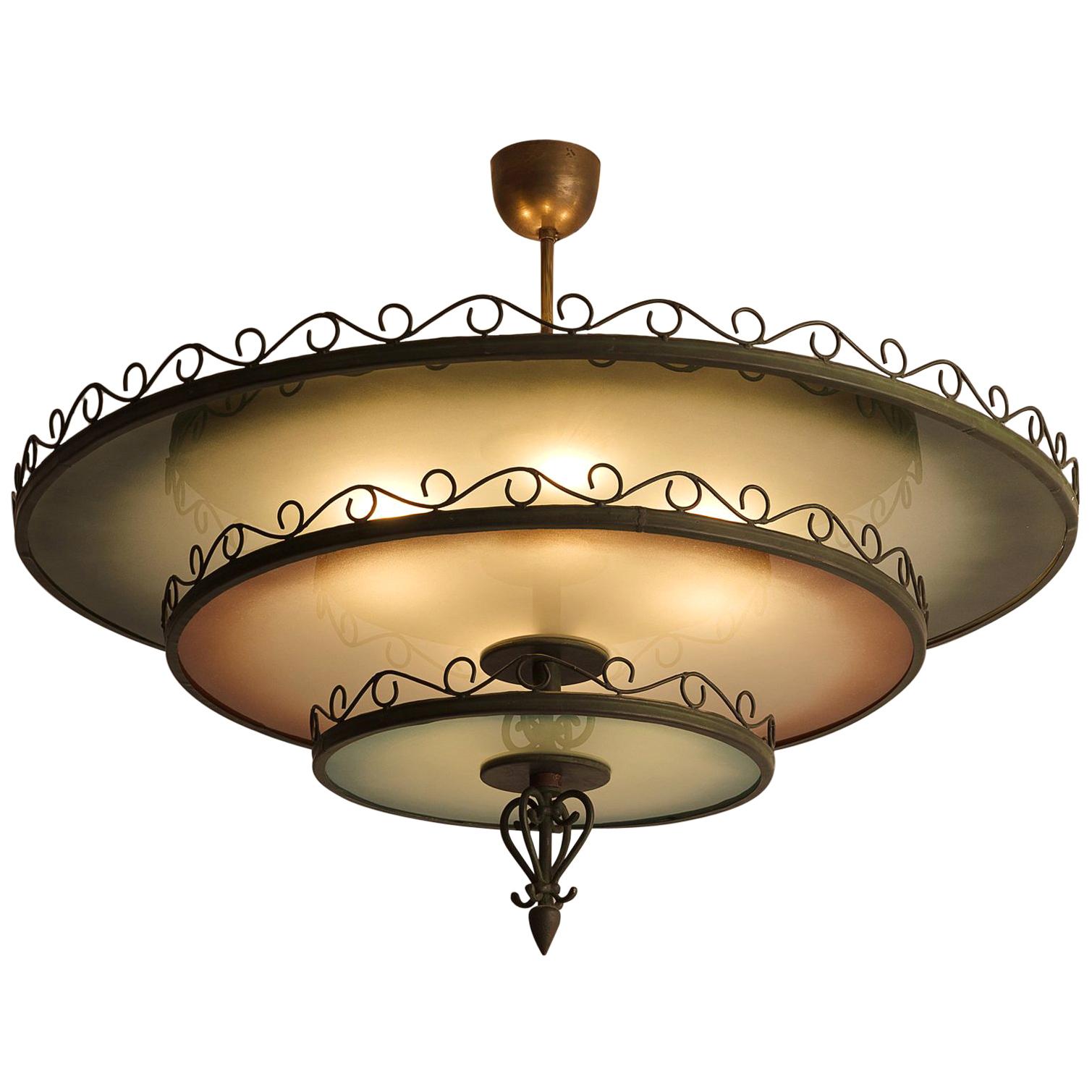 Finnish Art Deco Three-Colored Chandelier, circa 1930