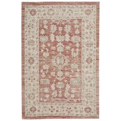 Red and Ivory Handmade Wool Distressed Turkish Oushak Rug