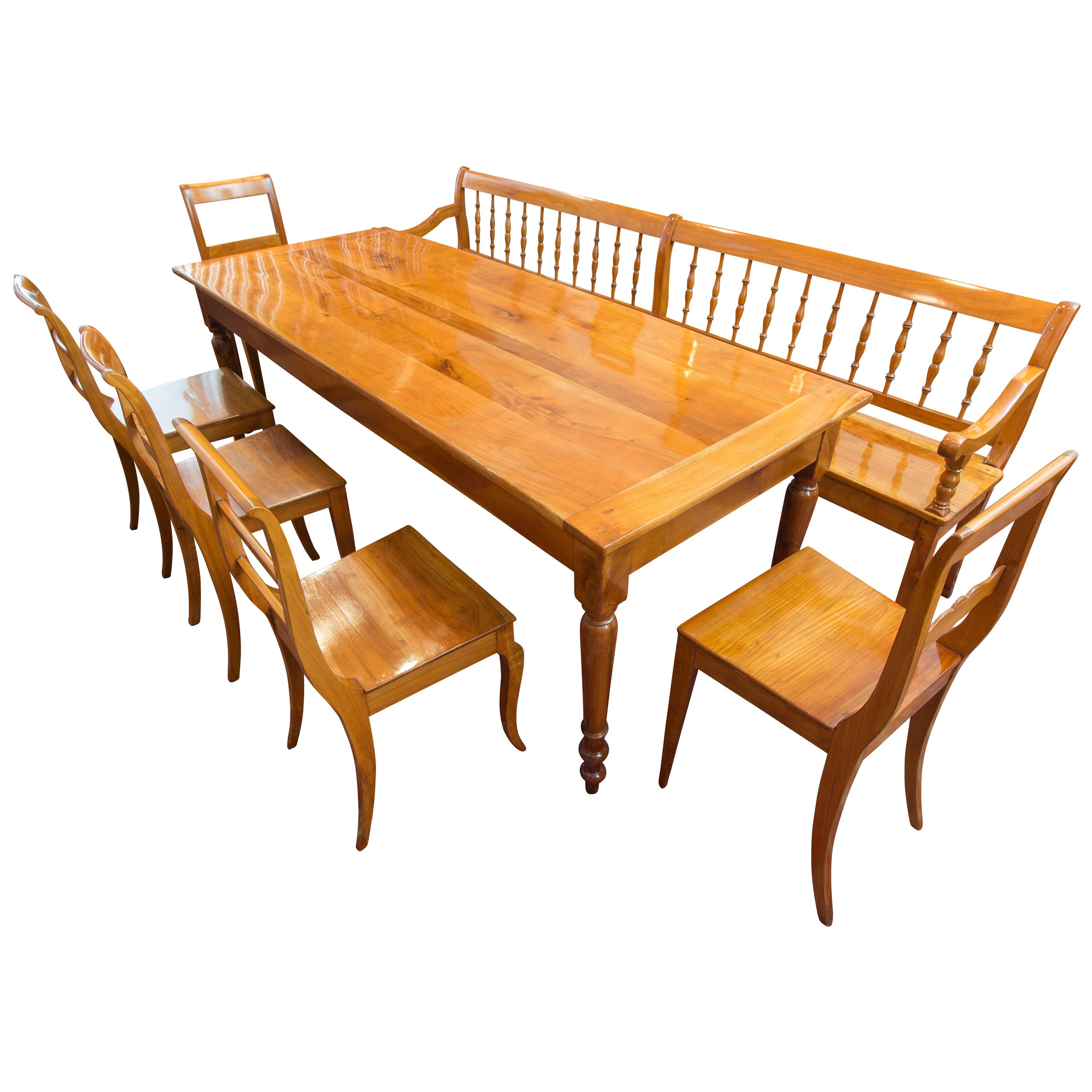 19 Century Biedermeier Farmhouse Set of Table, Bench & Five Chairs, Solid Cherry