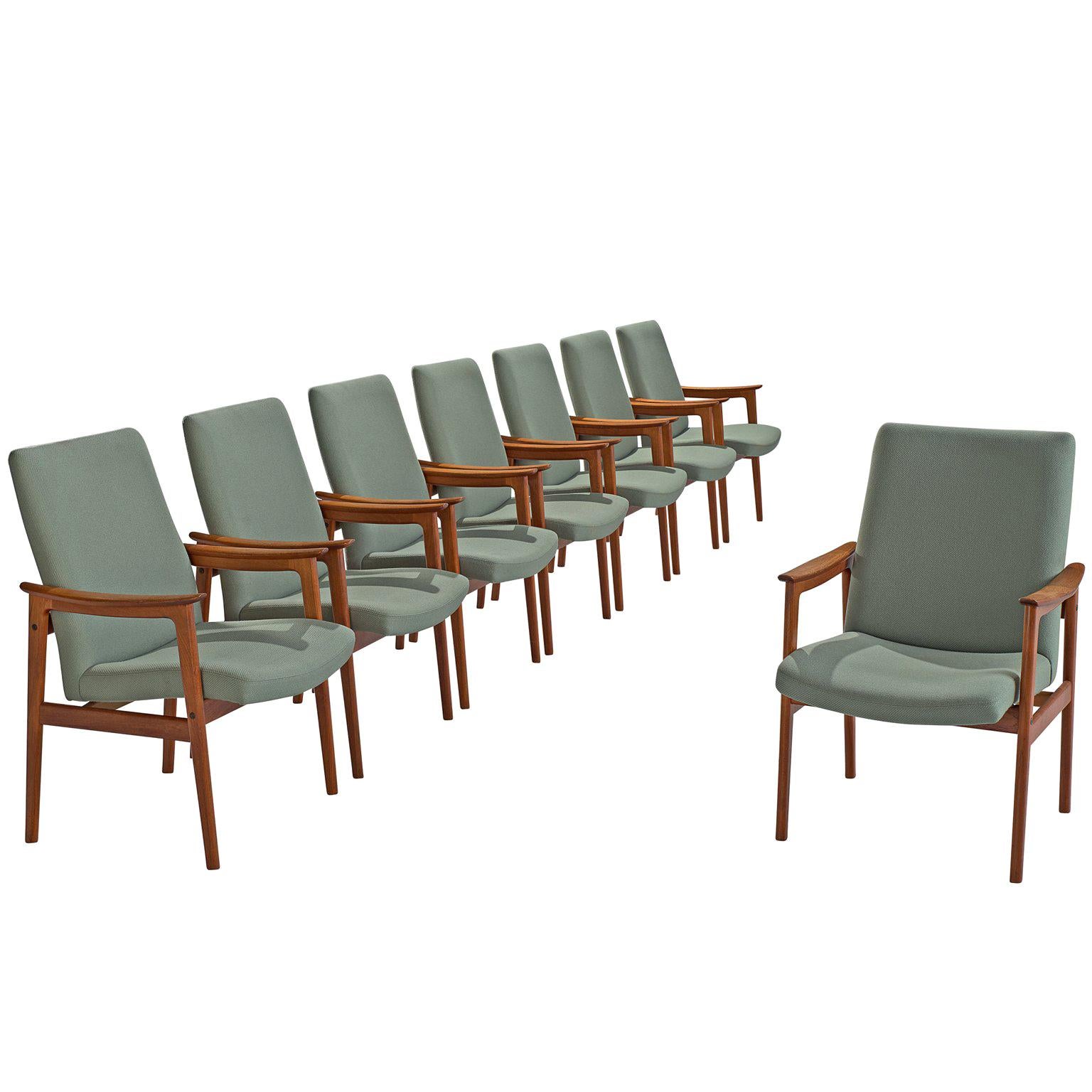 Set of Eight High Back Armchairs in Teak and Mint Green Fabric