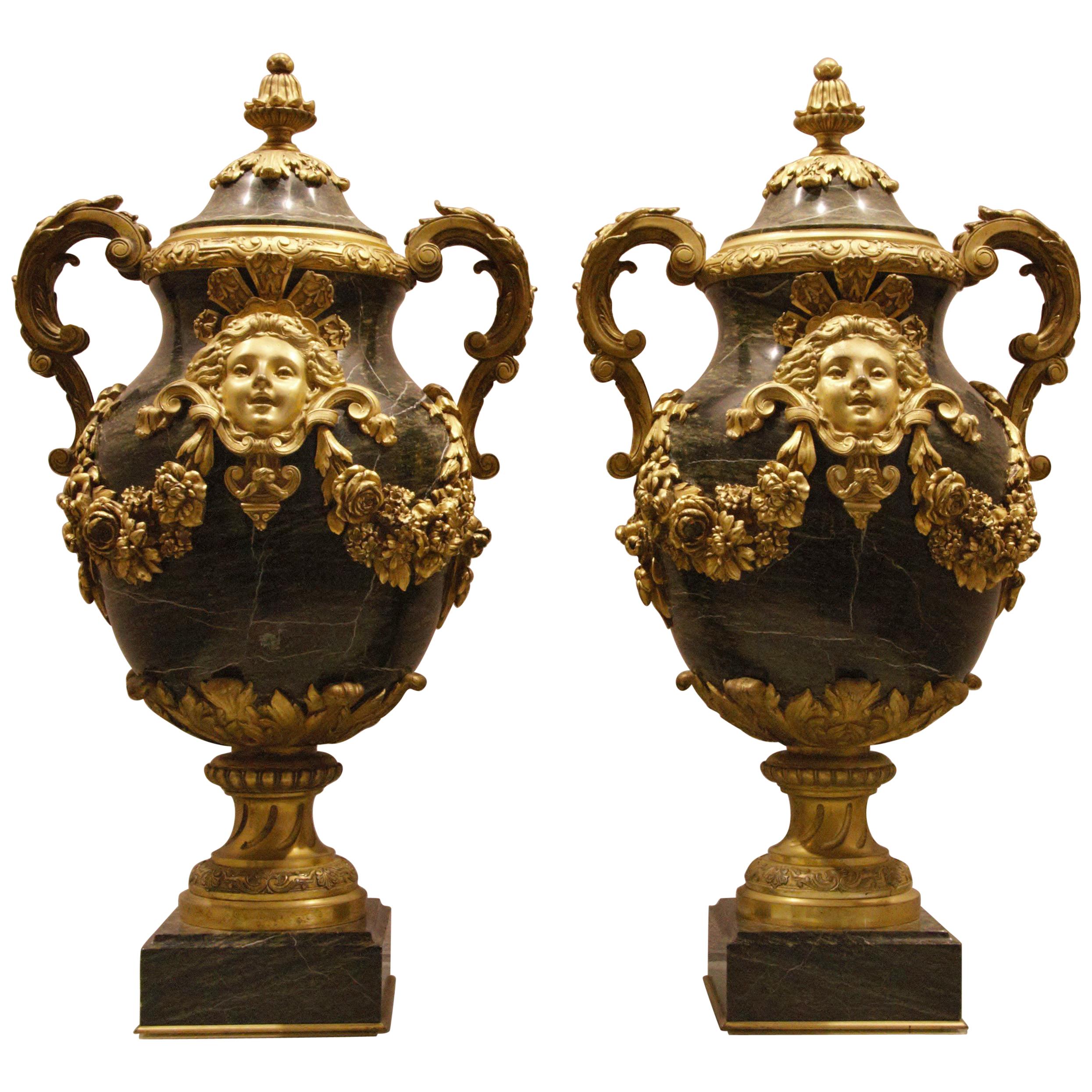 Pair of French Louis XVI Style Granite Covered Vases For Sale