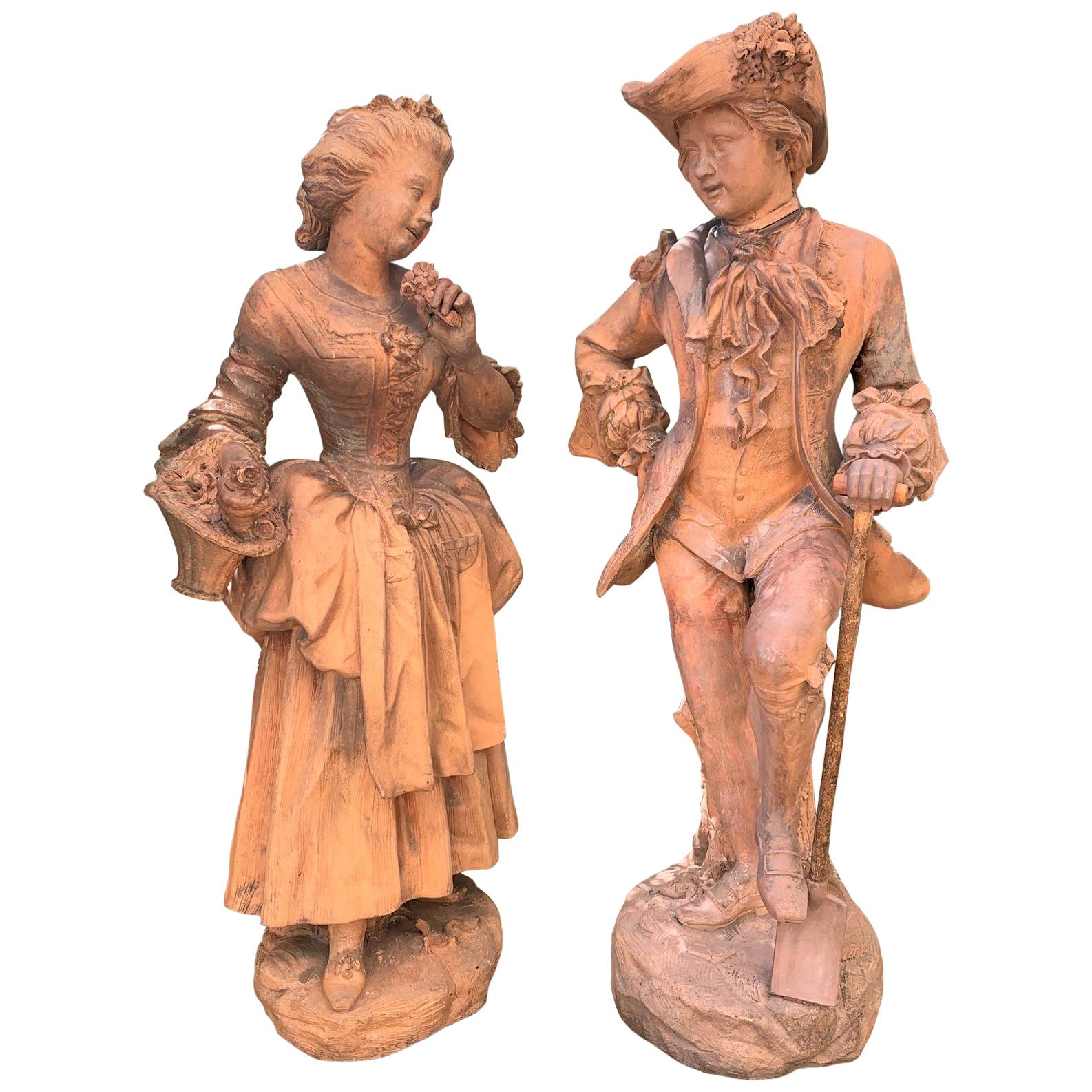 18th Century French Terracotta Figurative Sculptures, Pair