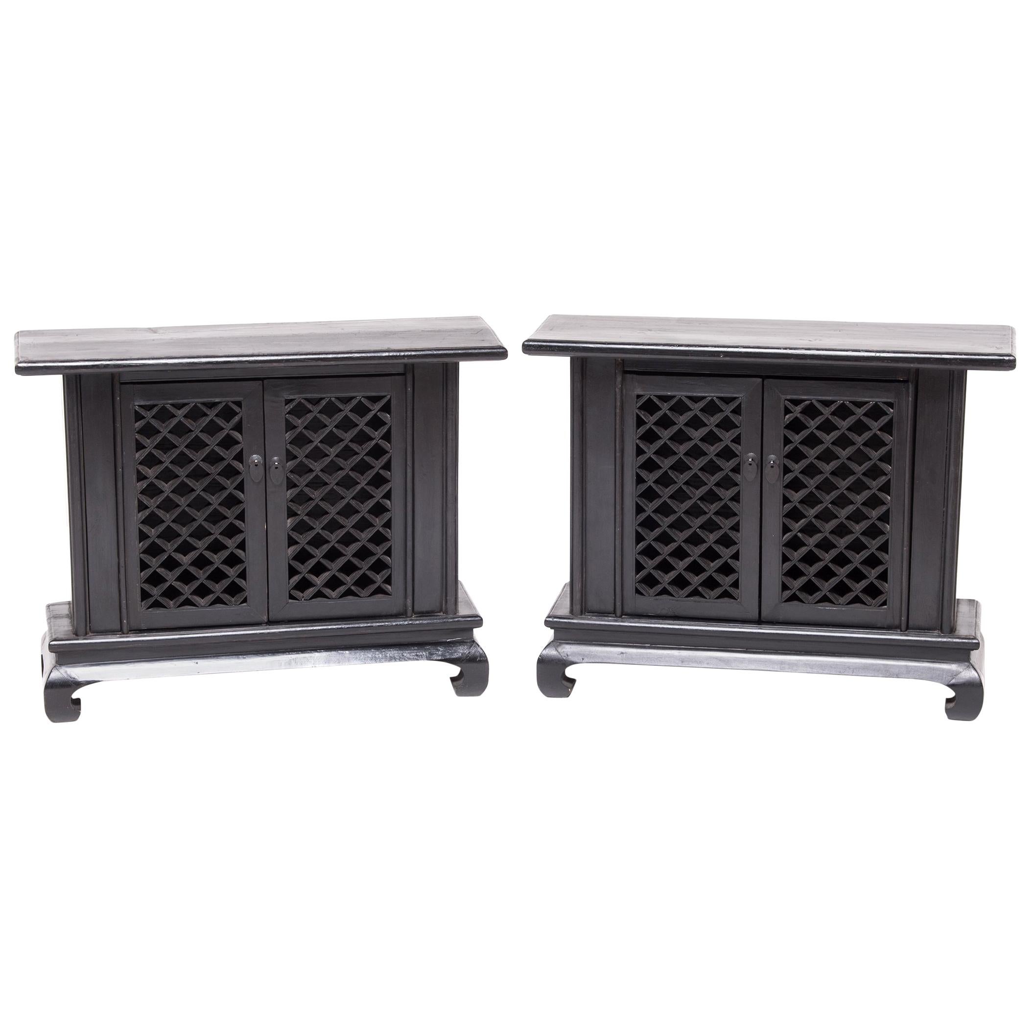 Pair of 20th Century Chinese Low Lattice Front Cabinets