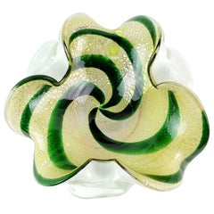 Murano Green Swirl Yellow Silver Leaf Italian Art Glass Flower Shape Bowl