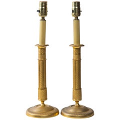 Pair of French Empire Gilt Candlestick Lamps