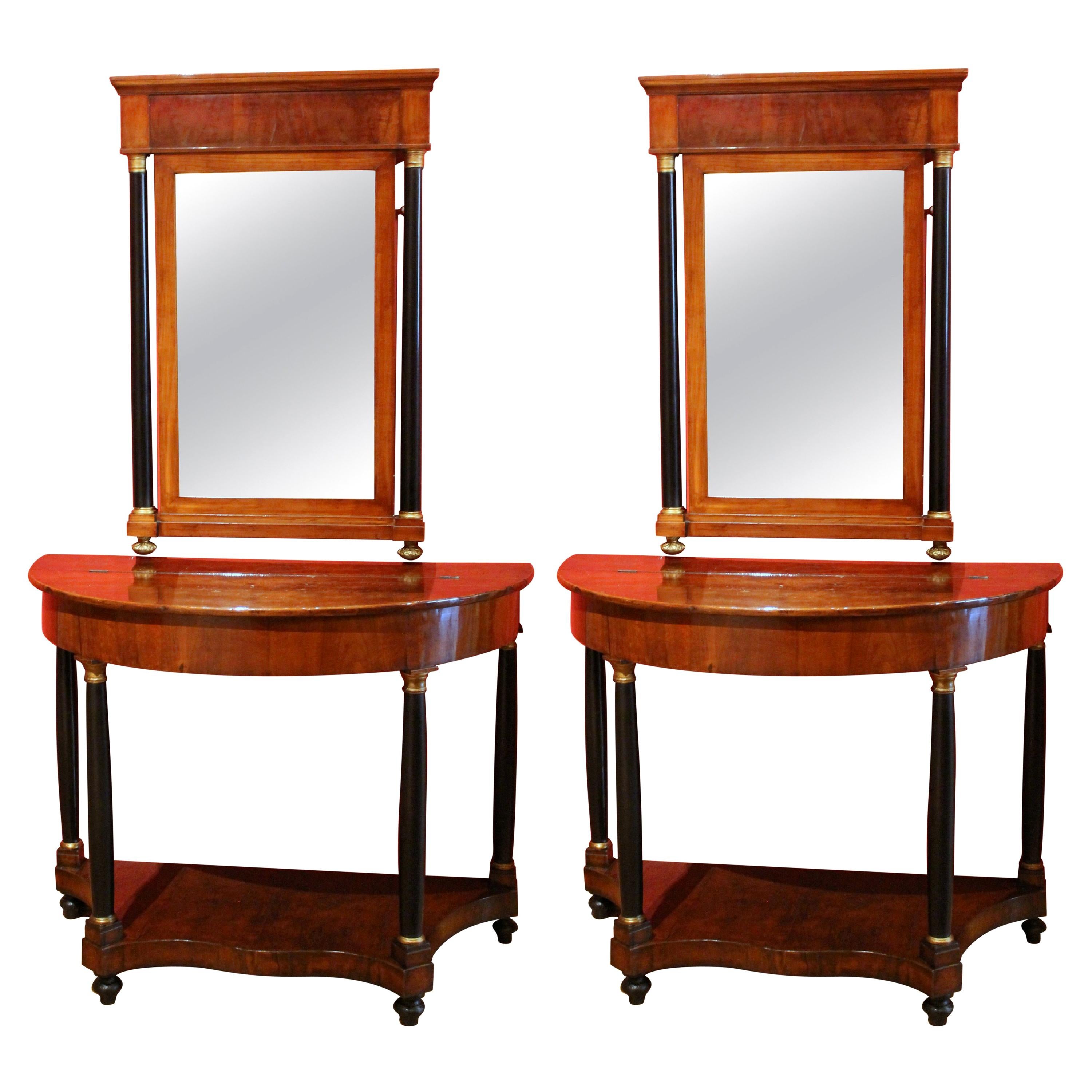 Italian Empire Period Walnut and Ebonized Demilune Console Tables with Mirrors For Sale