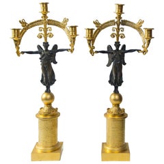 Pair of Gilt and Patinated Bronze 3 Light French Empire Candelabra