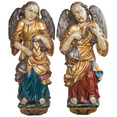 Early Pair of Polychromed Carved Wood Angels