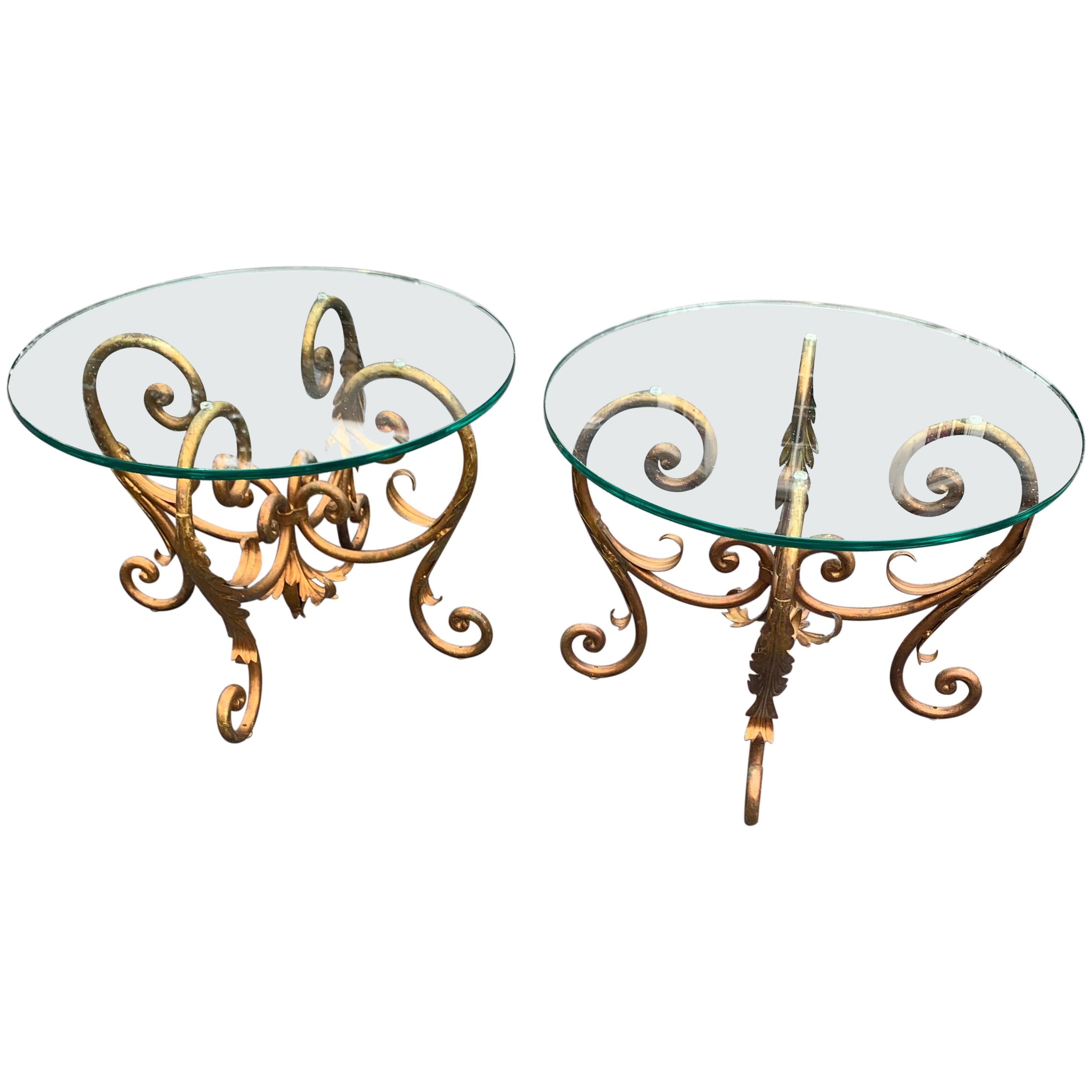 Pair of Round Italian Gilt Metal and Glass Top Side Tables