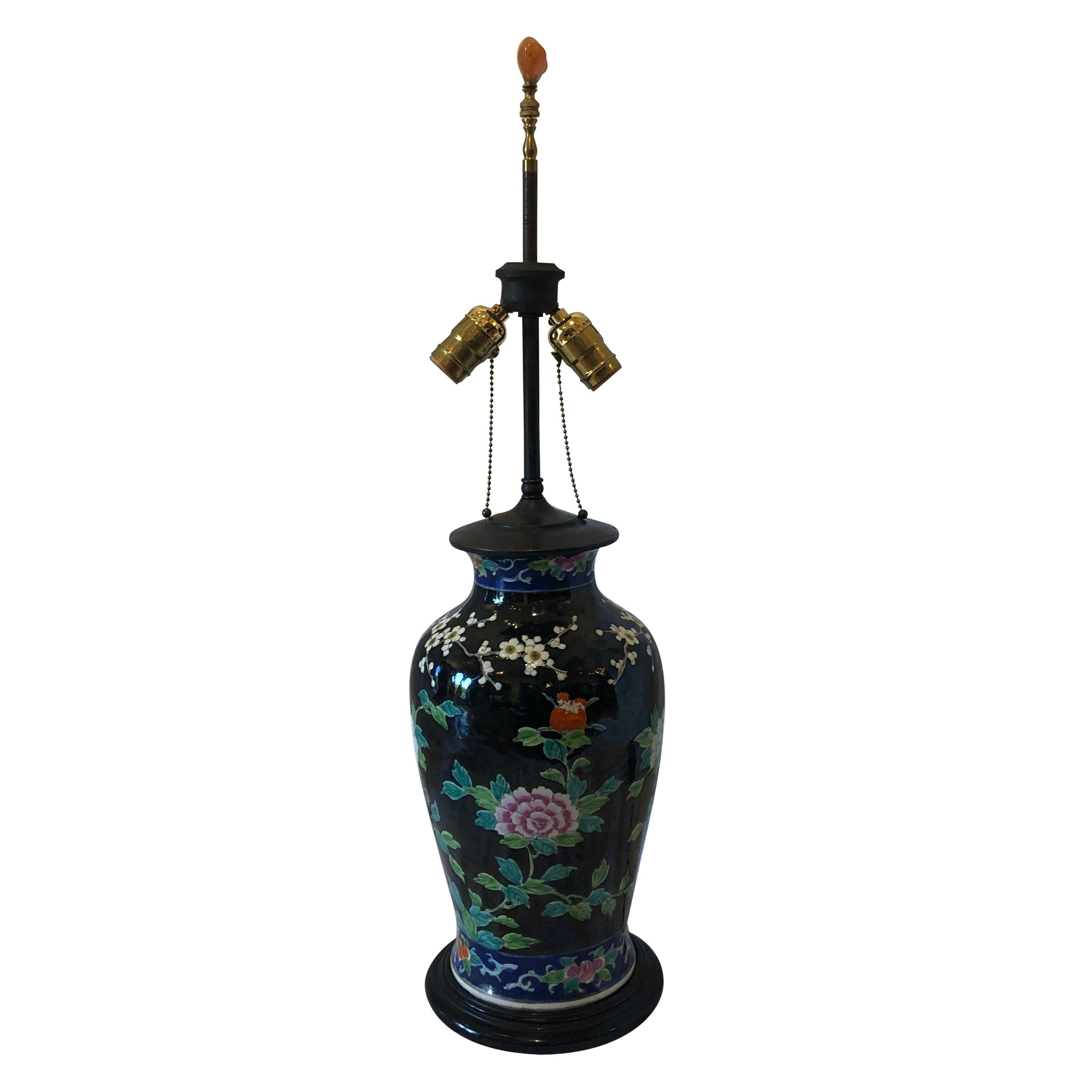 Asian Porcelain Vase Table Lamp, Black Ground, Phoenix Bird and Flower Motif For Sale