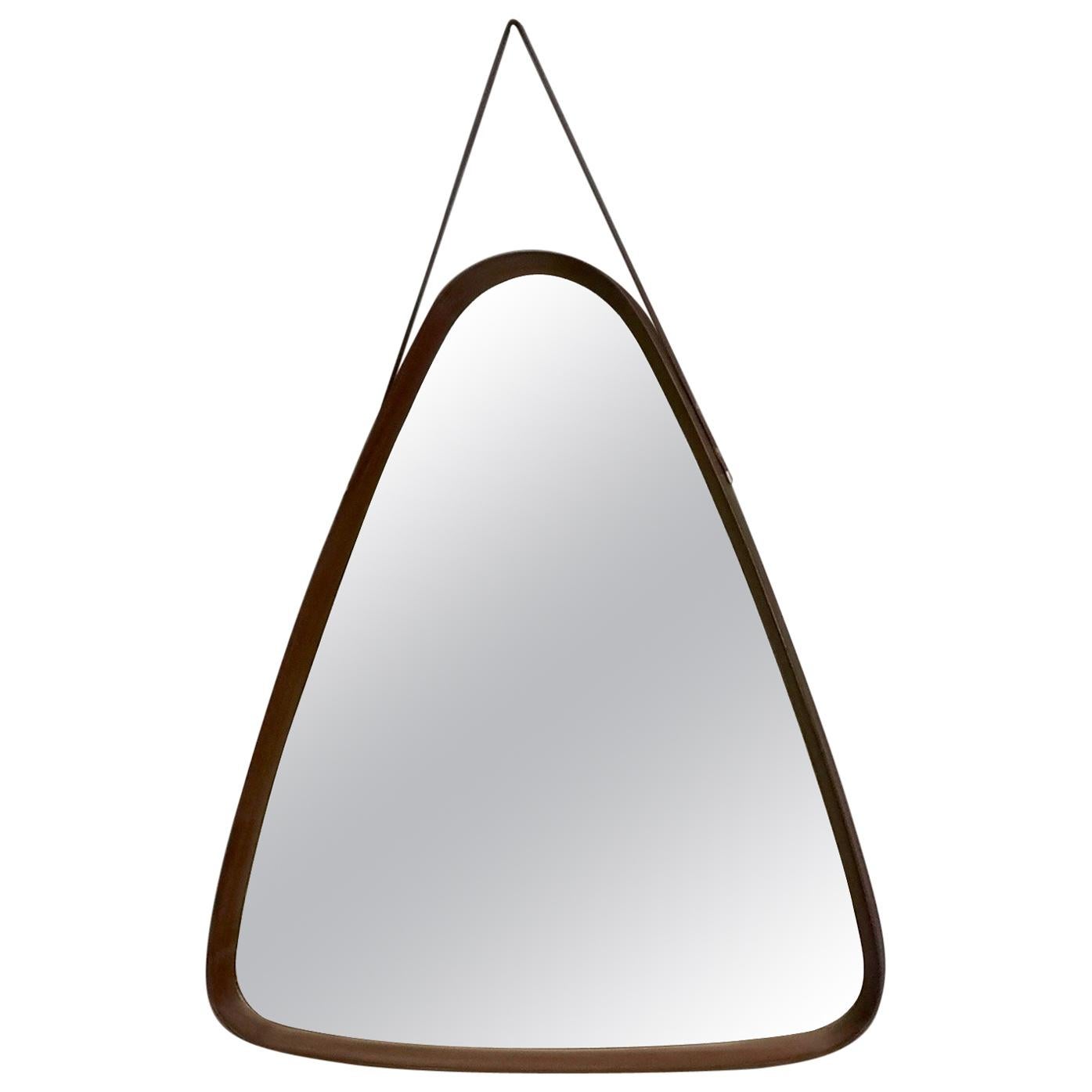 Triangular Wall Mirror with Wooden Frame and a Leather Hook, Italy, 1960s