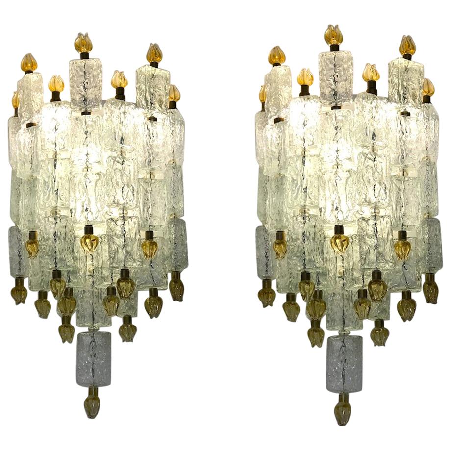 Pair of Barovier & Toso Glass Blocks with Gold Tulip Sconces, 1940 For Sale