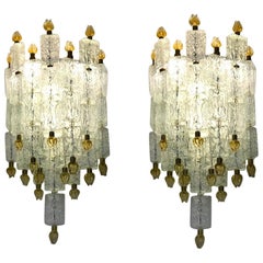 Vintage Pair of Barovier & Toso Glass Blocks with Gold Tulip Sconces, 1940