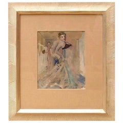 Vintage Art Deco Gouache and Watercolor Painting by Leo Engels Belgium Custom Framed