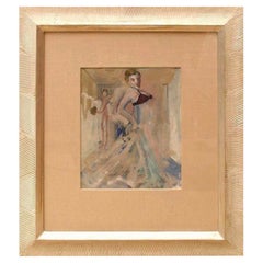 Vintage Art Deco Belgium Gouache and Watercolor Painting by Leo Engels Custom Framed