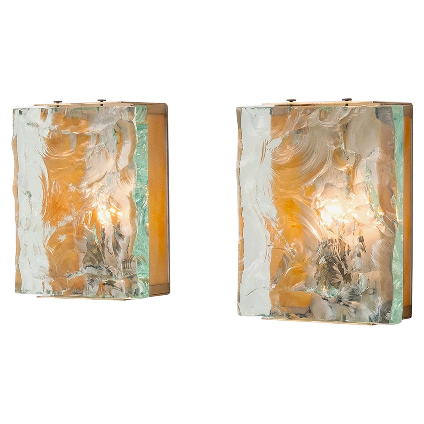 Two pairs of Brass & Crystal Glass Wall Sconces By Max Ingrand for Fontana Arte