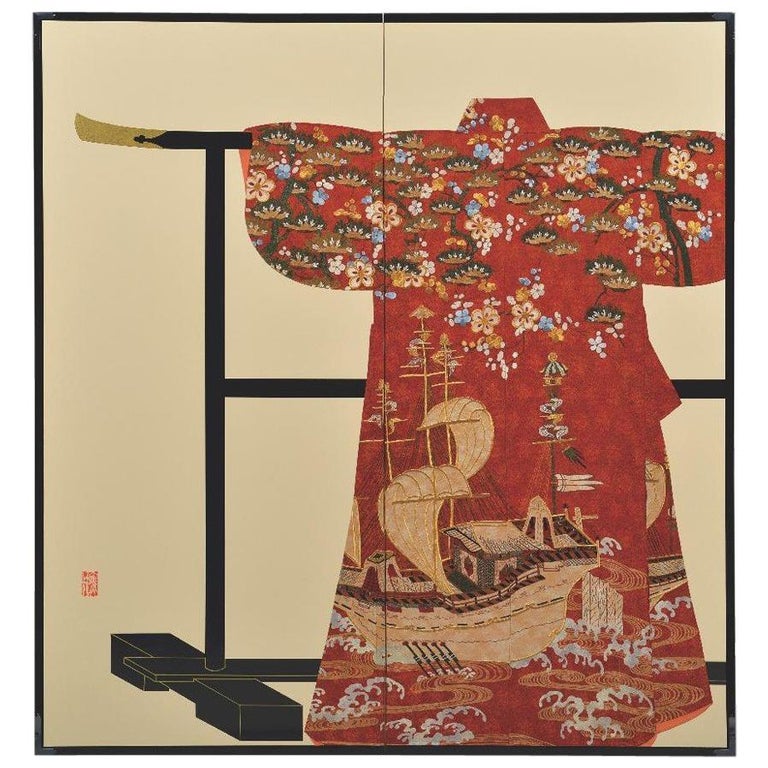 Japanese Large Contemporary Red Gilded Folding Screen, Silk Raised