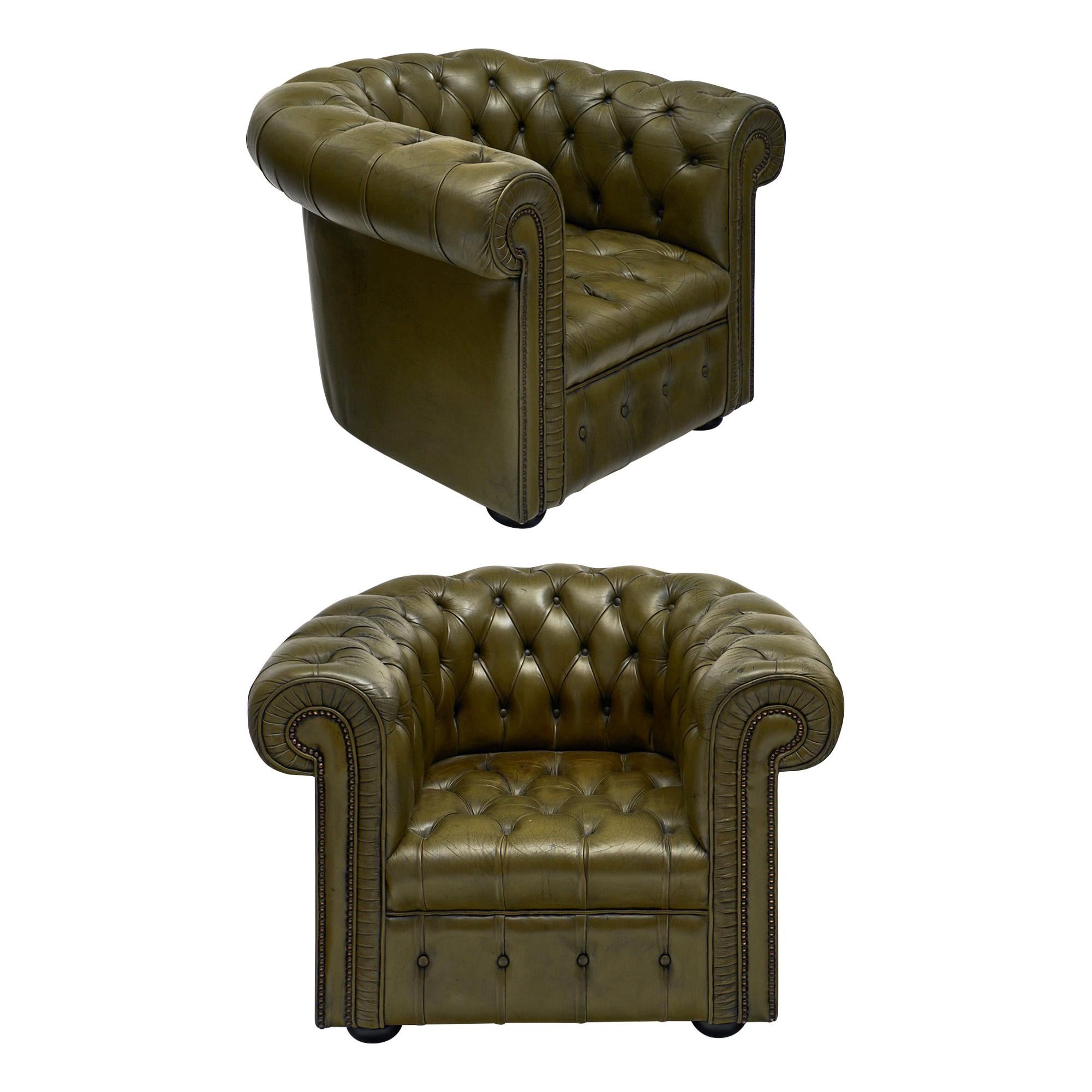 Pair of Vintage Green Chesterfield Club Chairs