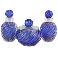 Retro Archimede Seguso Murano Blue Italian Art Glass Powder Box Perfumes Vanity Set