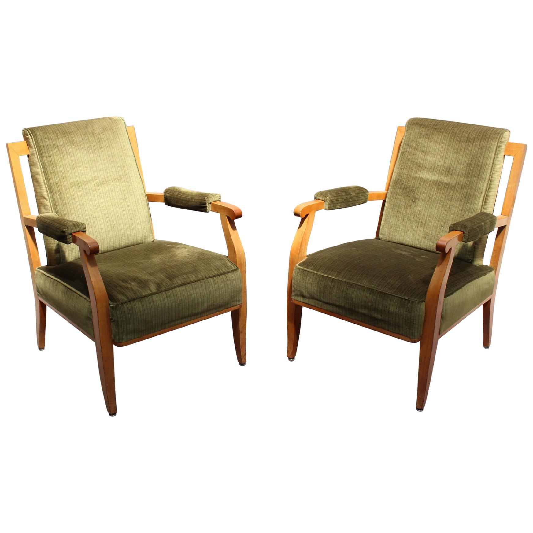Pair of Fine French Art Deco Cherry Armchairs by Jules Leleu  - on hold -